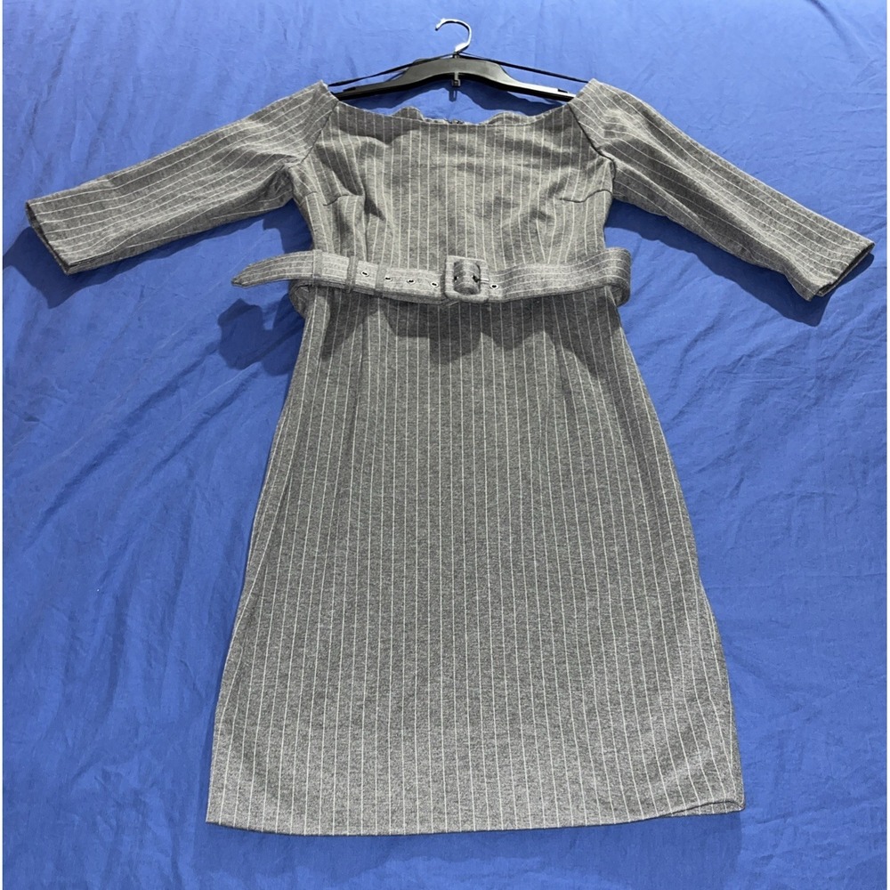 Gretchen Scott Bateau Neck Stretch Dress Grey Pinstripe Size Medium Belted NWT